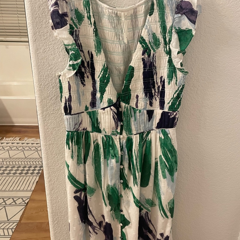 Anthropologie Cream Maxi Dress with Green & Navy Print - Picture 2 of 7